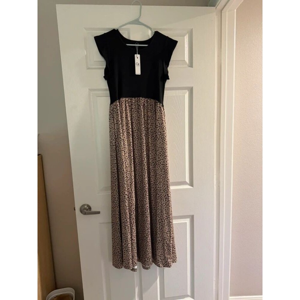 OUGES Black & Leopard Print Maxi Dress